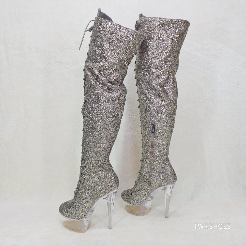 Bulls Silver Glitter Lace Up OTK Platform High Heel Thigh Boot